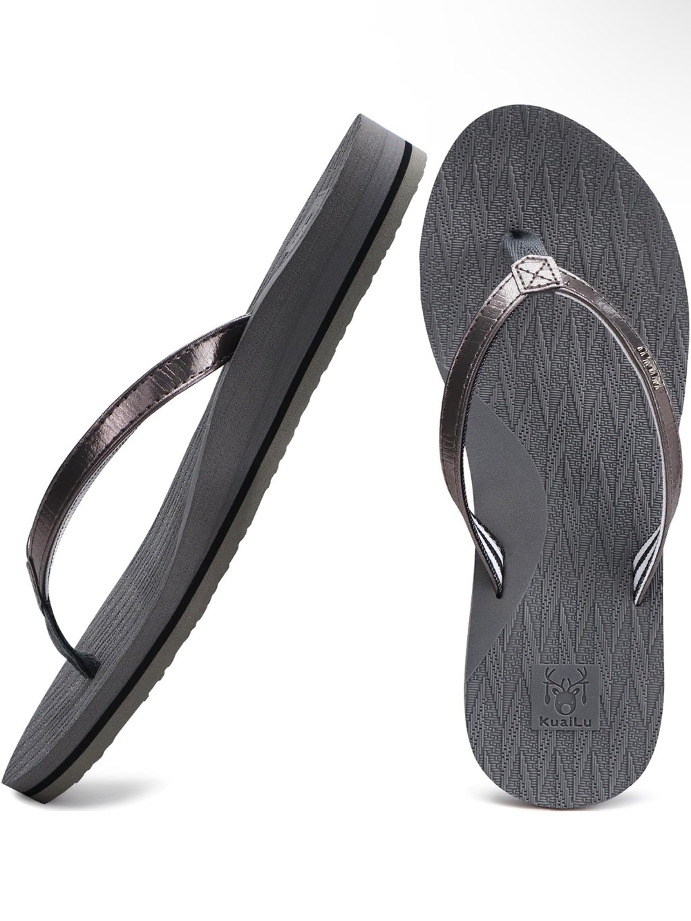 Kuailu Gray Flip Flop Sandals with Metallic Straps